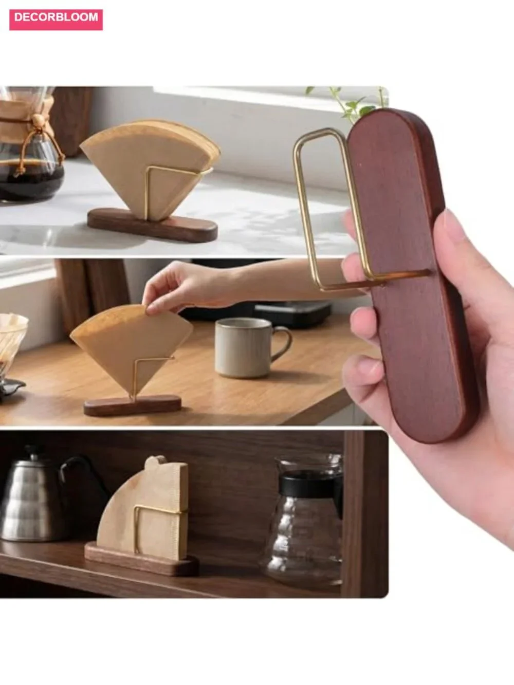 Walnut & Brass Coffee Filter Holder Stand for #01 #02 Cone Filters